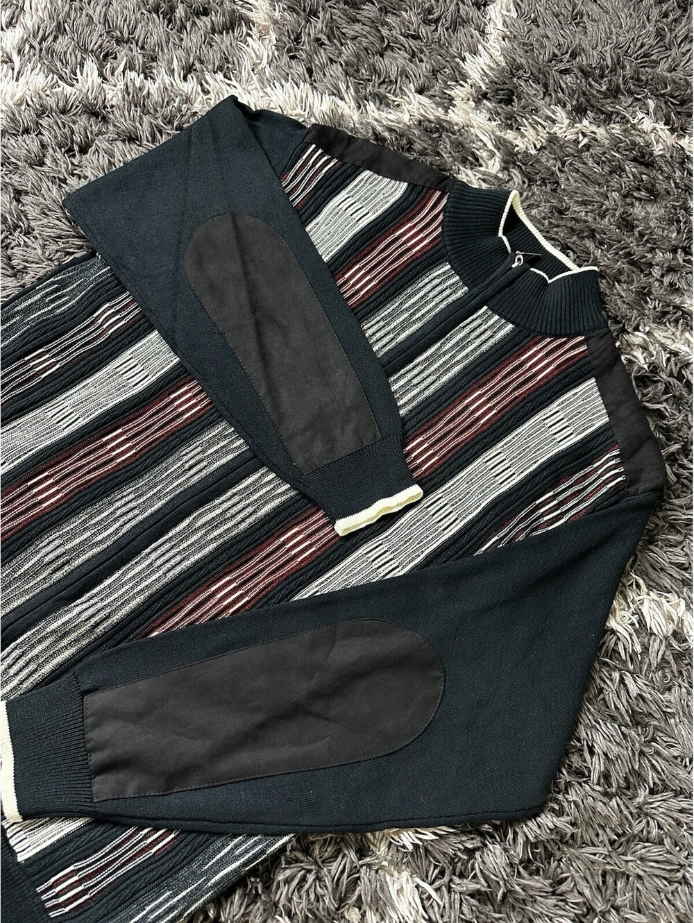 Montique Knit Jacket Mens XL Full Zip Sweater Mock Neck Stripe Elbow Patch Black
